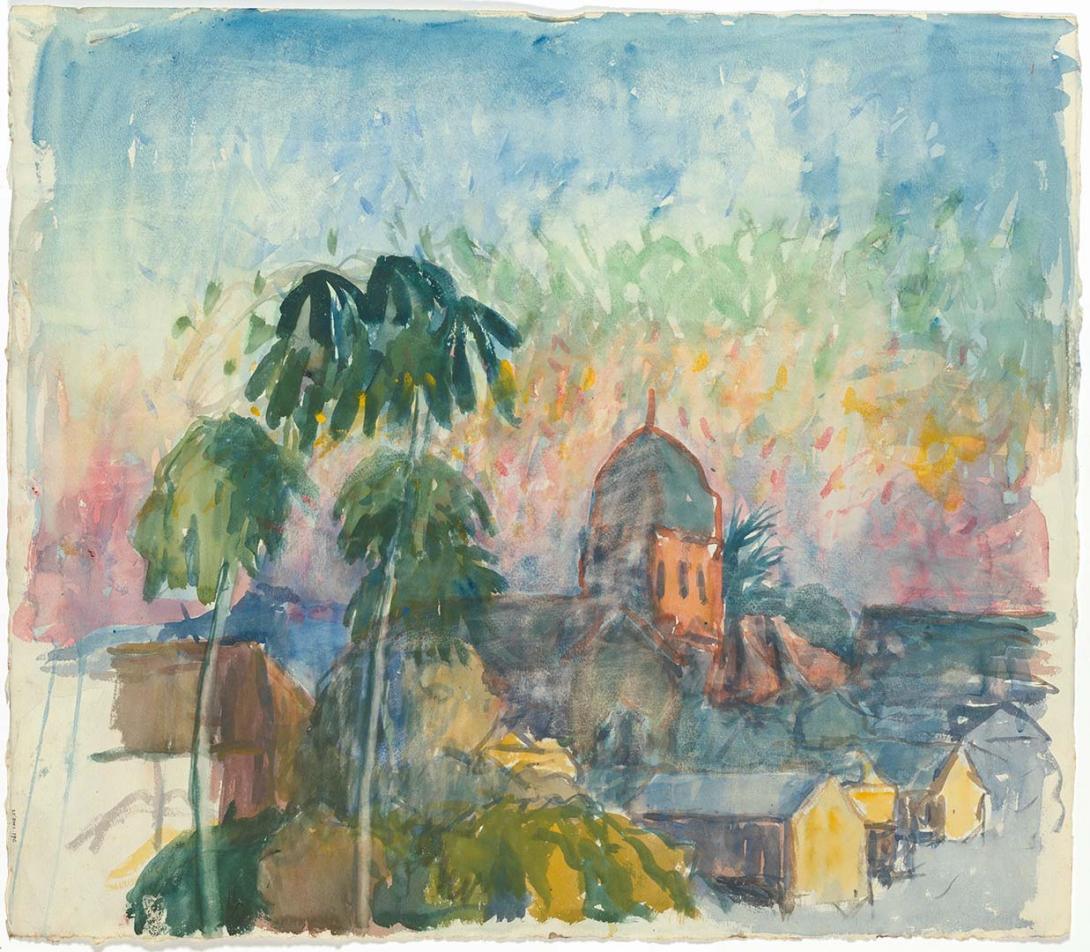 Artwork Domed building with palms this artwork made of Watercolour on paper, created in 1940-01-01