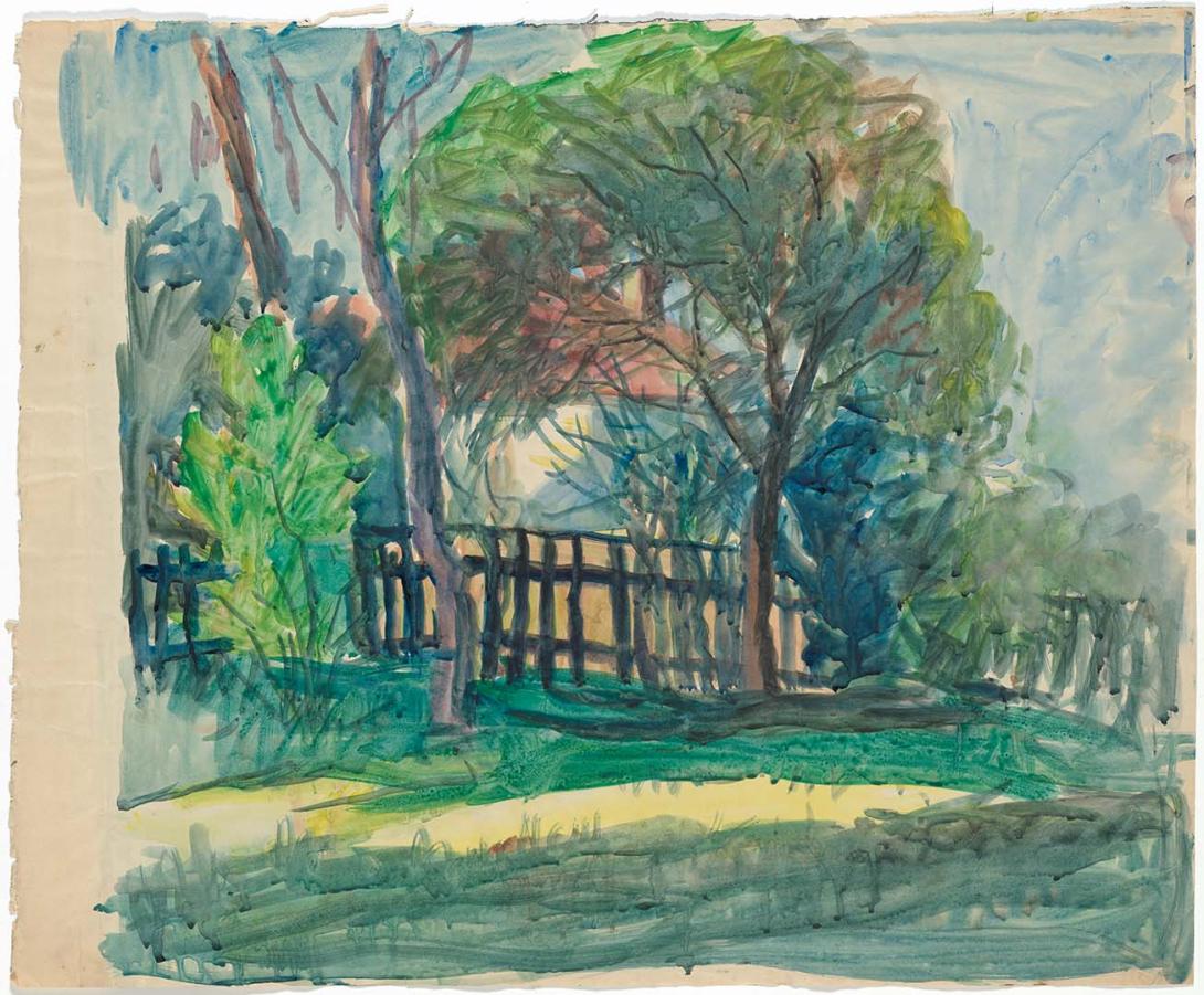 Artwork Backyard and fence this artwork made of Watercolour on paper, created in 1945-01-01