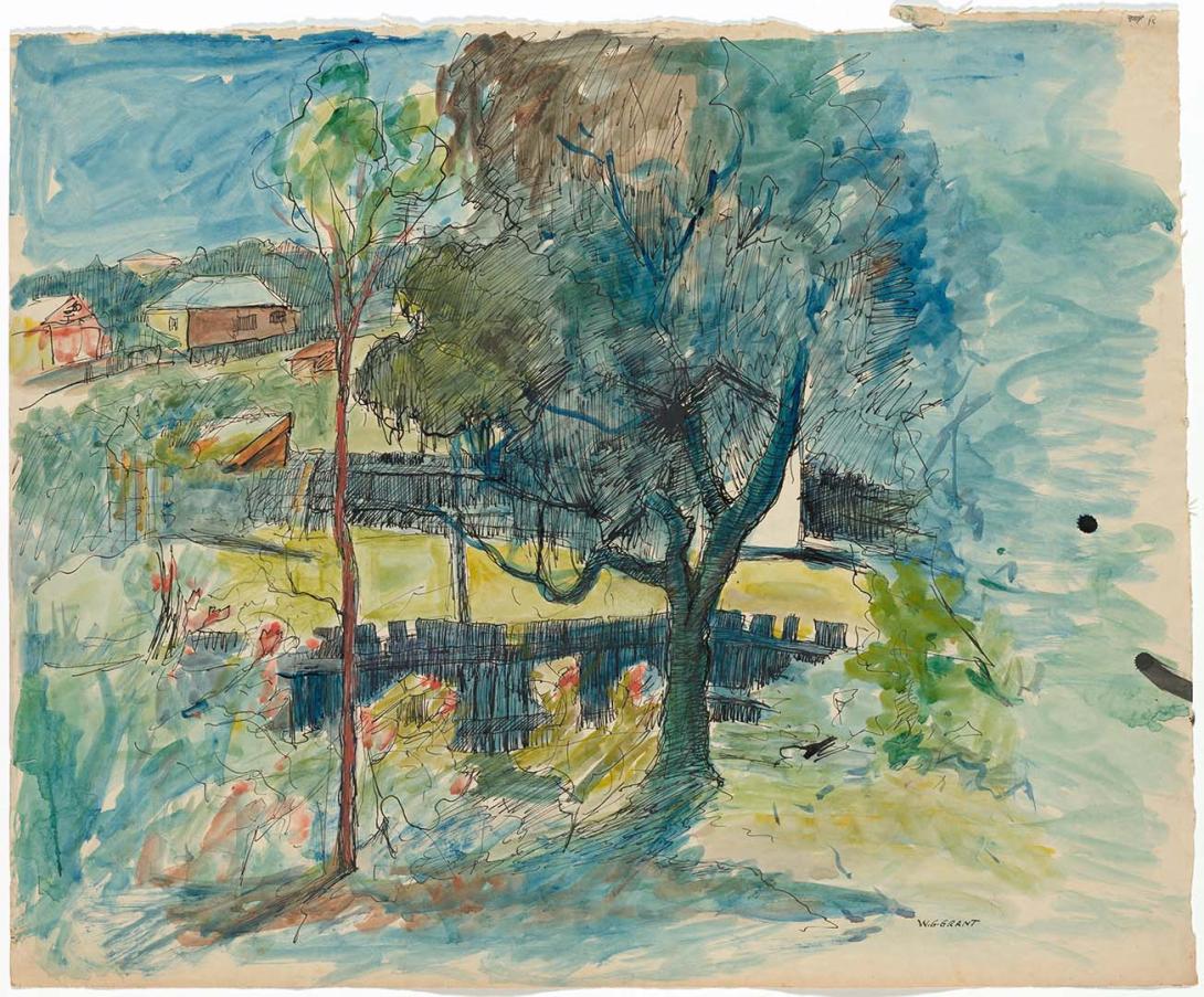 Artwork Tree with backyard fences this artwork made of Watercolour and ink on paper, created in 1940-01-01
