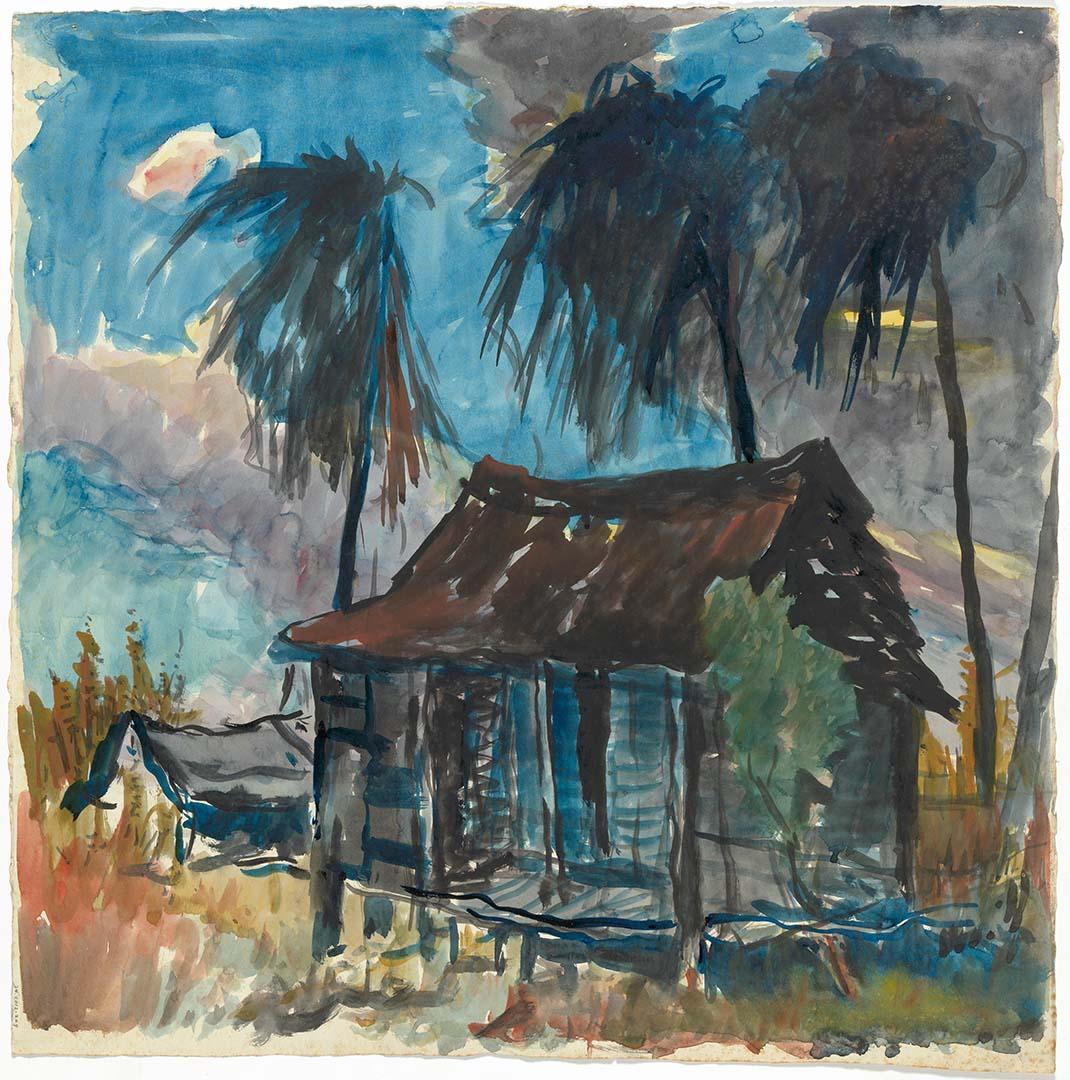 Artwork (Sketch of dark cottage with palms) this artwork made of Watercolour on paper, created in 1945-01-01