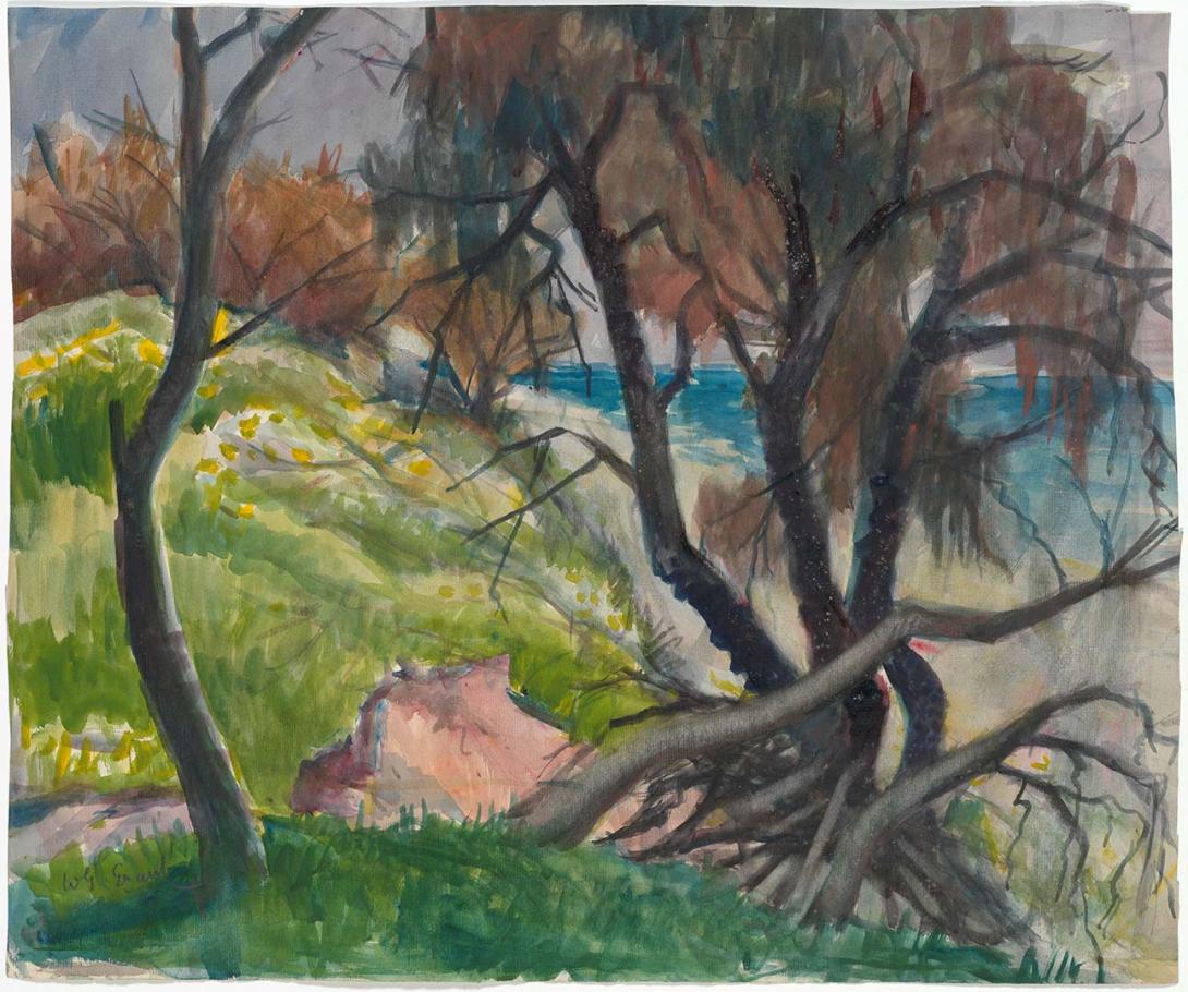 Artwork Casuarina with dead trunks this artwork made of Watercolour on paper, created in 1945-01-01