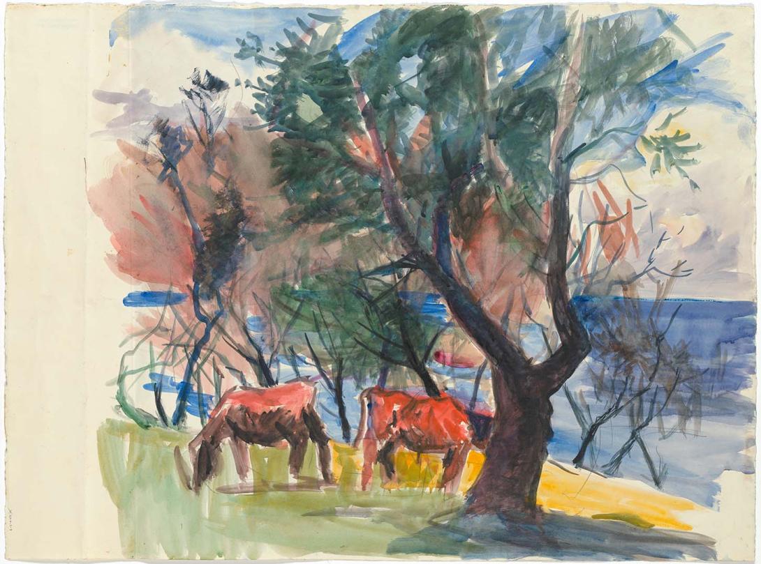 Artwork Cattle and trees this artwork made of Watercolour on paper
