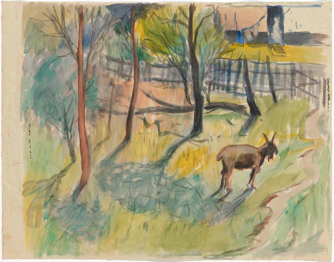Artwork Backyard with goat this artwork made of Watercolour on paper, created in 1945-01-01