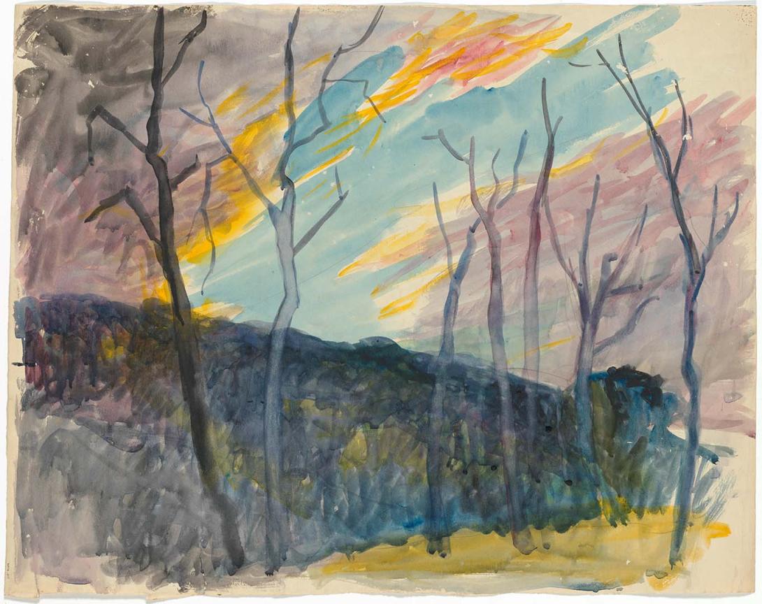 Artwork Landscape with burnt trees this artwork made of Watercolour on paper, created in 1945-01-01