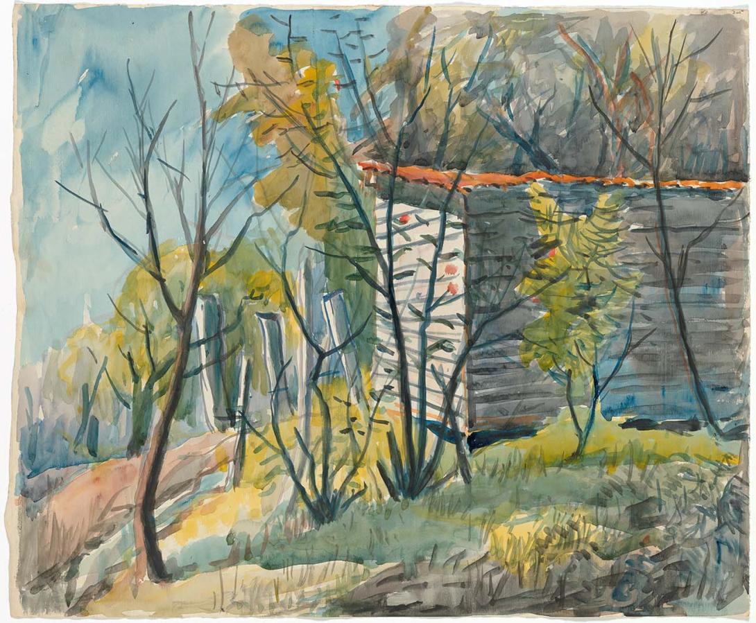 Artwork Red-roofed shed this artwork made of Watercolour on paper, created in 1945-01-01