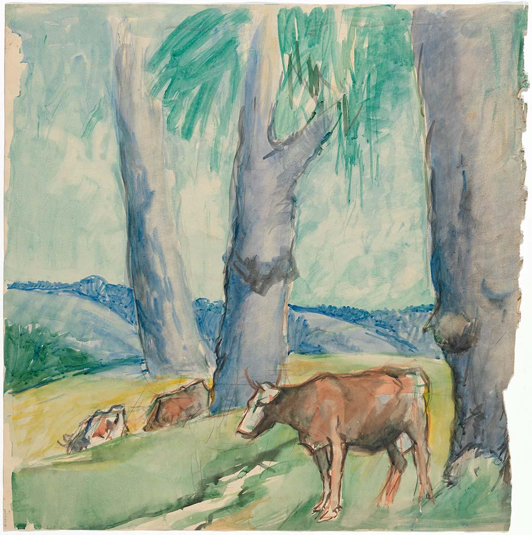 Artwork Cows and trunks this artwork made of Watercolour on paper, created in 1945-01-01