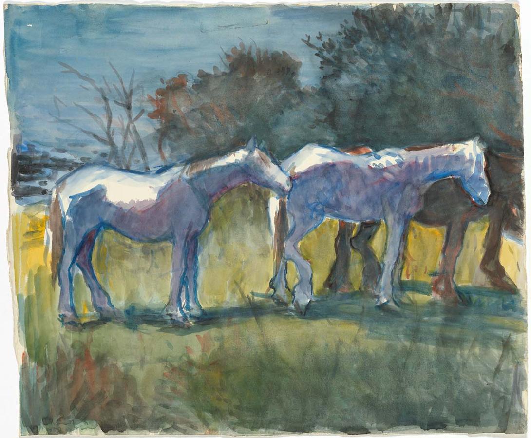 Artwork Two white and a brown horse this artwork made of Watercolour on paper, created in 1945-01-01