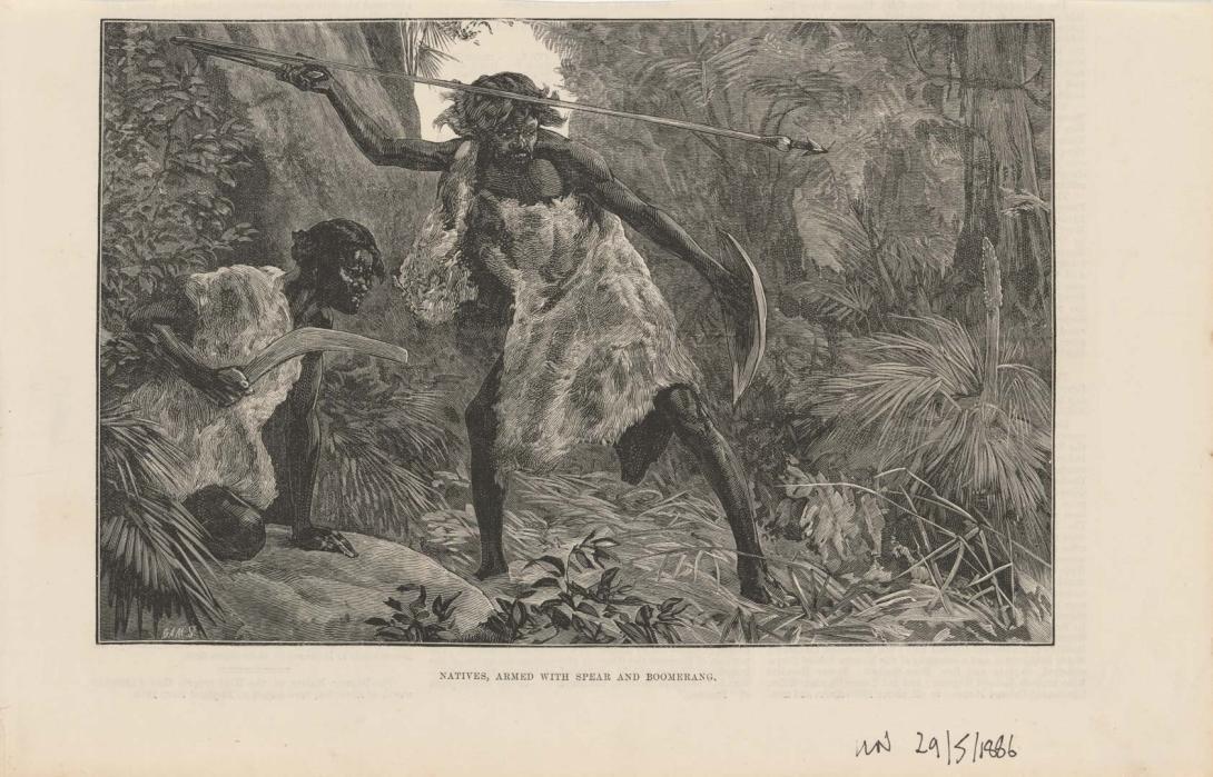 Artwork Natives armed with spear and boomerang (from 'The Illustrated London News' 29 May 1866) this artwork made of Engraving on paper, created in 1866-01-01