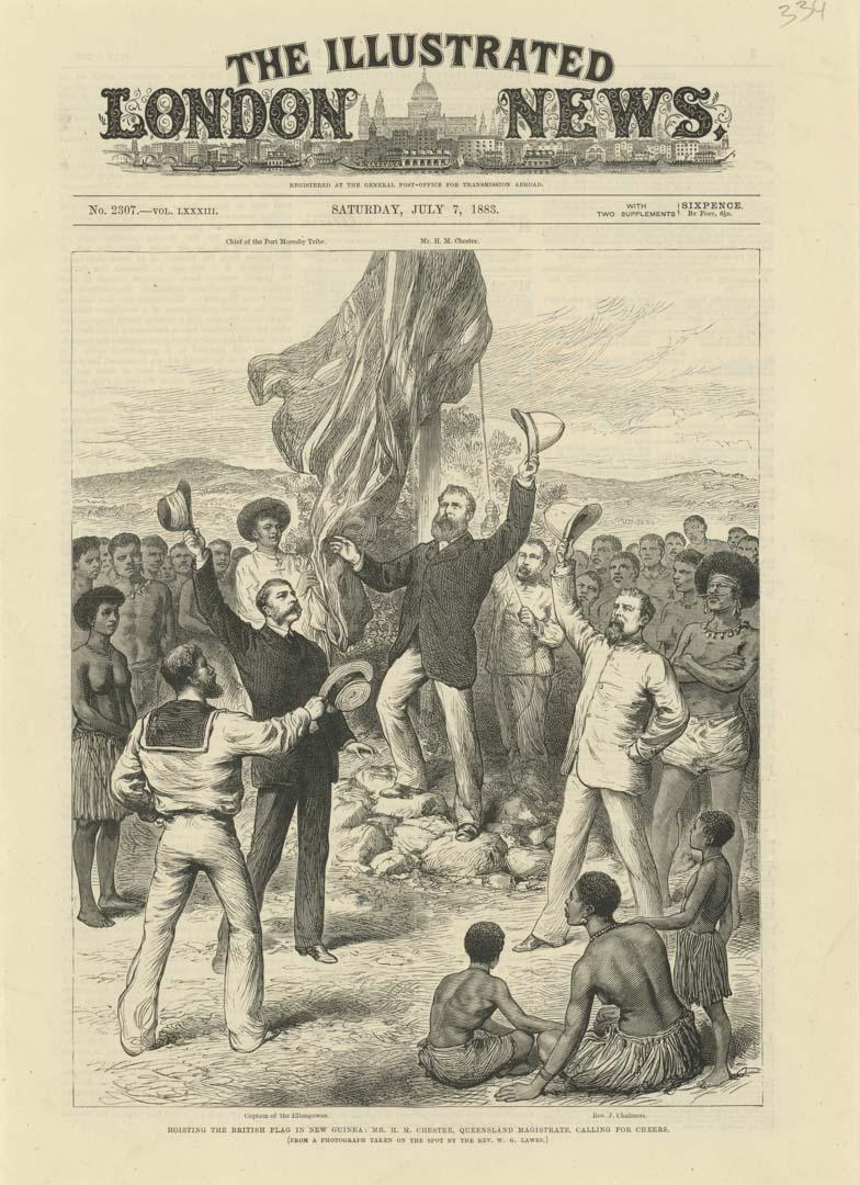 Artwork Raising the British flag to claim New Guinea under the authority of Queensland Magistrate, Mr H M Chester (from 'The Illustrated London News' 7 July 1883) this artwork made of Engraving on paper, created in 1883-01-01