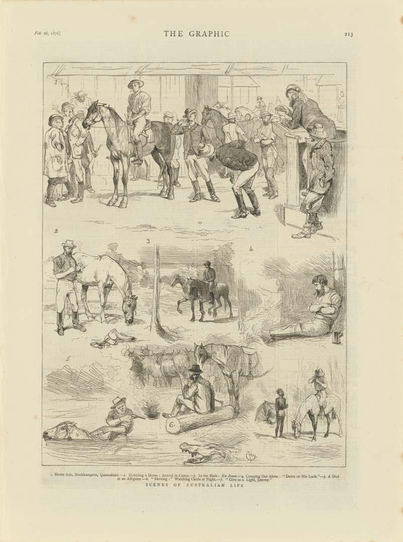 Artwork Scenes of Australian life: 
A horse sale, Rockhampton, Queensland; Hobbling a horse: arrival in camp; In the bush: en route; Camping out alone: down on his luck; A shot at an alligator; "Droving": watching cattle at night; and "Give us a light, Jemmy" (f this artwork made of Engraving on paper, created in 1876-01-01