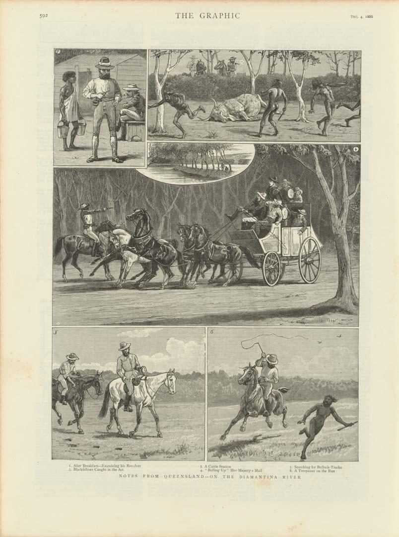 Artwork Notes from Queensland - on the Diamantina River:
After breakfast - examining his revolver; Blackfellows caught in the act; A cattle station; "Bailing up" Her Majesty's Mail; Searching for bullock-tracks; and A trespasser on the run (from 'The Graphic', L this artwork made of Engraving on paper, created in 1886-01-01