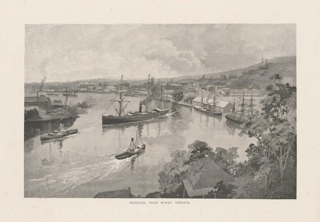 Artwork Brisbane from Bowen Terrace (from 'Picturesque Atlas of Australasia, Vol. II', 1886) this artwork made of Engraving on paper, created in 1881-01-01