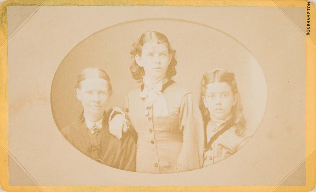 Artwork Mother and two daughters, Rockhampton this artwork made of Albumen photograph on paper mounted on card, created in 1865-01-01