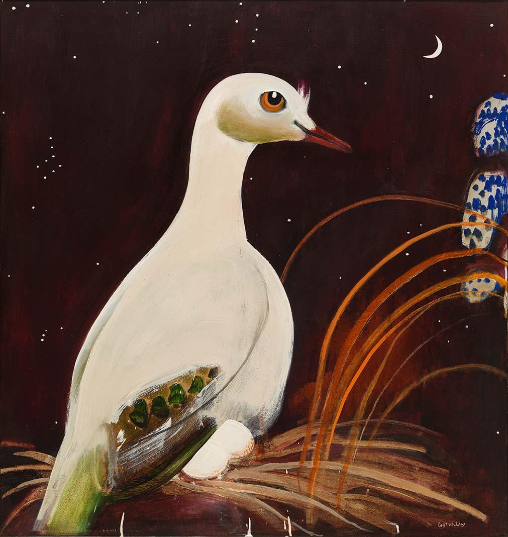 Artwork White dove feeling the universe this artwork made of Oil on plywood, created in 1985-01-01