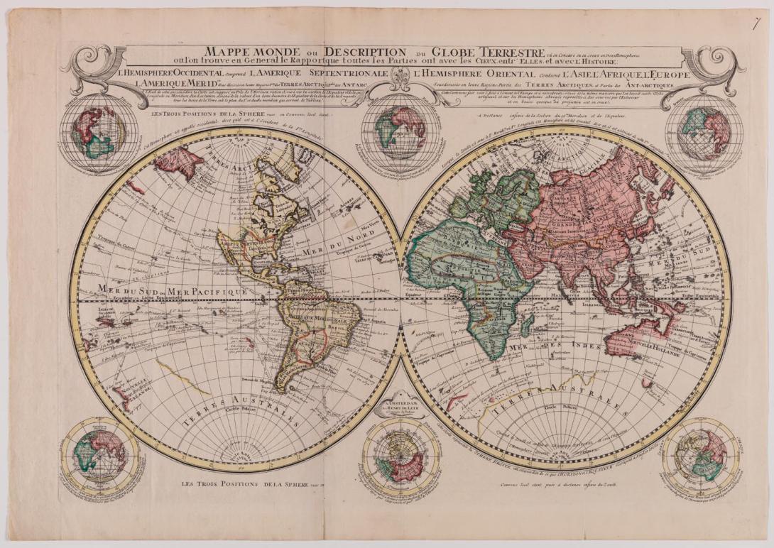 Artwork World map: 'Mappe Monde ou Déscription du Globe Terrestre', Amsterdam this artwork made of Engraving with contemporary hand-colouring on paper (folded), created in 1740-01-01