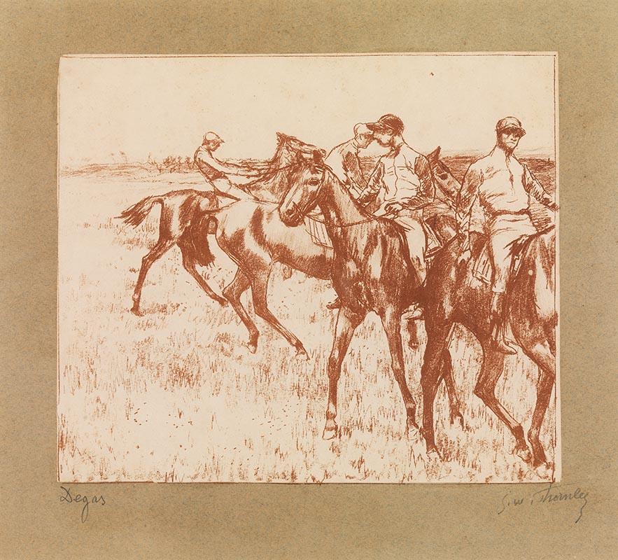 Artwork Les Jockeys (The jockeys) this artwork made of Crayon manner lithograph (from transfer paper); printed in red/brown ink on paper (chine collé), laid down on green paper backing sheet, created in 1888-01-01