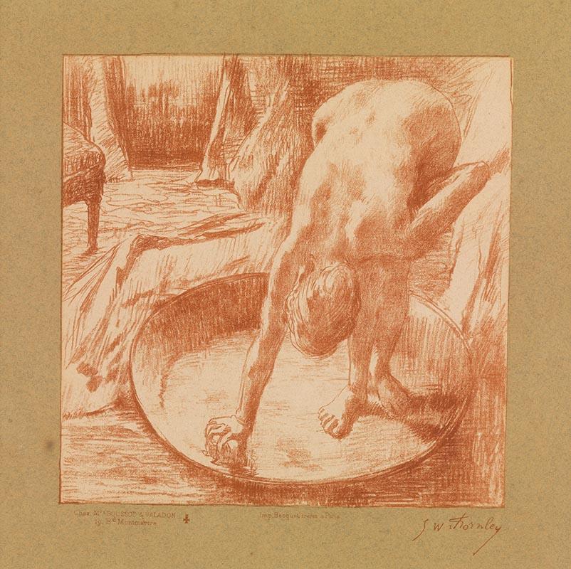 Artwork Le Bain (The bath) this artwork made of Crayon manner lithograph (from transfer paper); printed in red/brown ink on paper (chine collé), laid down on green paper backing sheet, created in 1886-01-01
