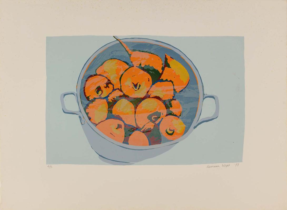Artwork Untitled - loquats this artwork made of Screenprint on J Perrigot Arches Special MBH paper, created in 1977-01-01
