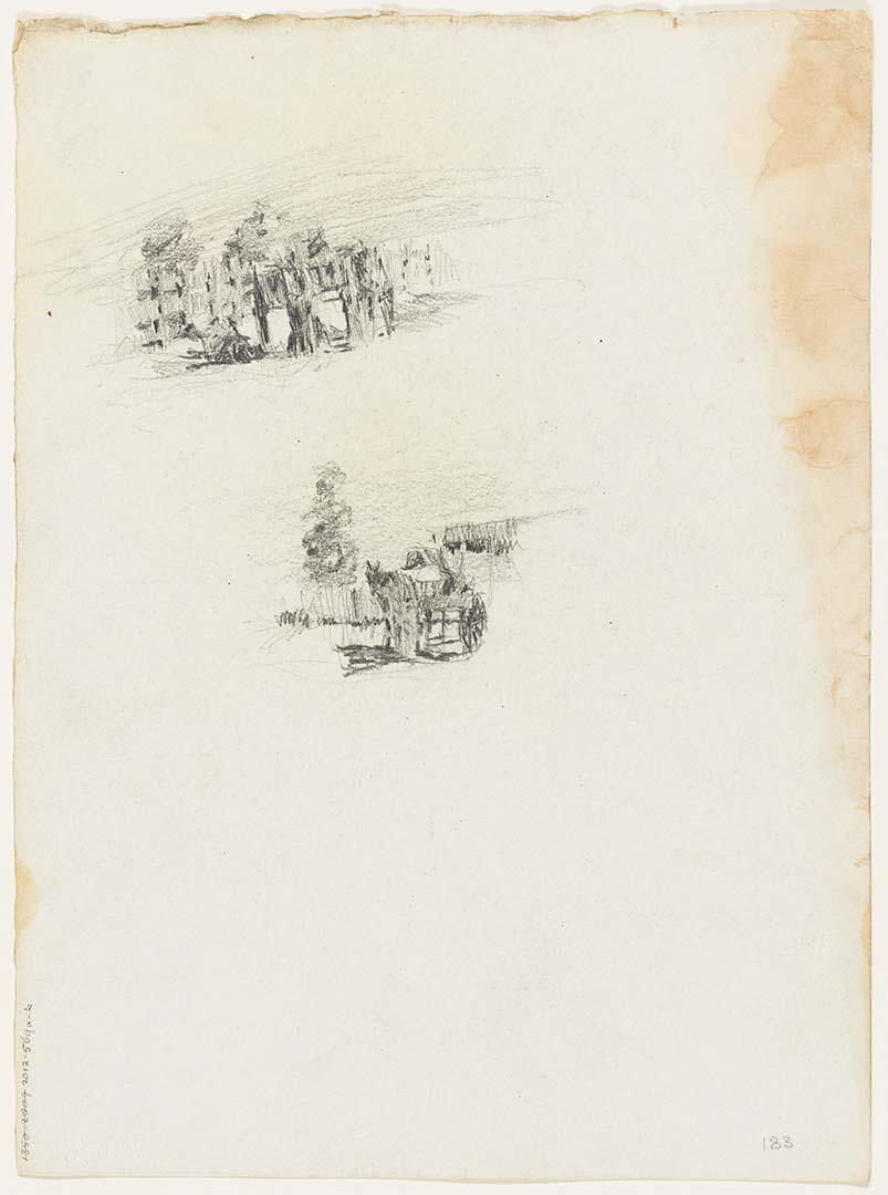 Artwork Horse and cart with man sitting on the ground; Horse and cart this artwork made of Pencil on paper, created in 1910-01-01