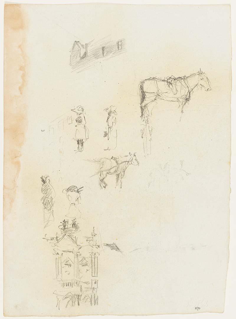 Artwork Page of studies with horses, people and building this artwork made of Pencil on paper, created in 1910-01-01