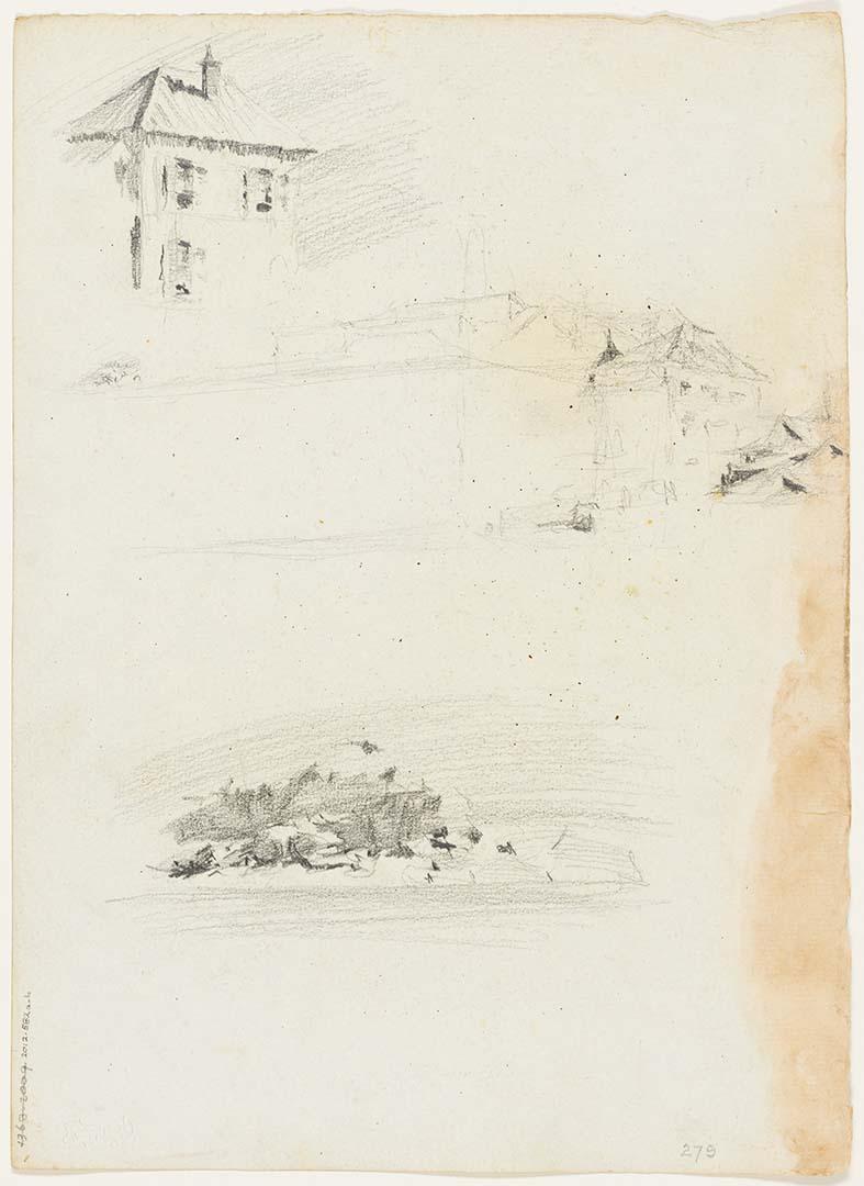 Artwork Two-storey house; Study for building complex; Sandy beach from the water this artwork made of Pencil on paper, created in 1915-01-01