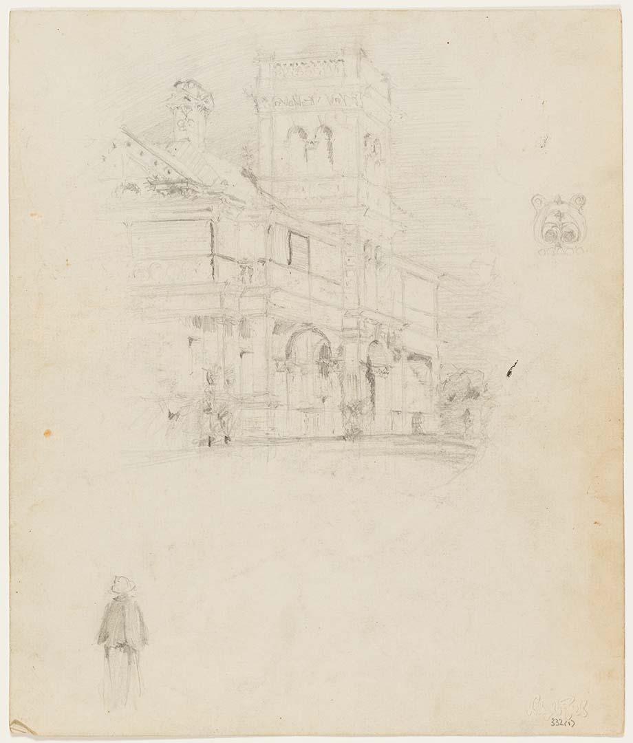 Artwork Study for 'Main front and drive, Erneton, Wickham Terrace' this artwork made of Pencil on paper, created in 1915-01-01