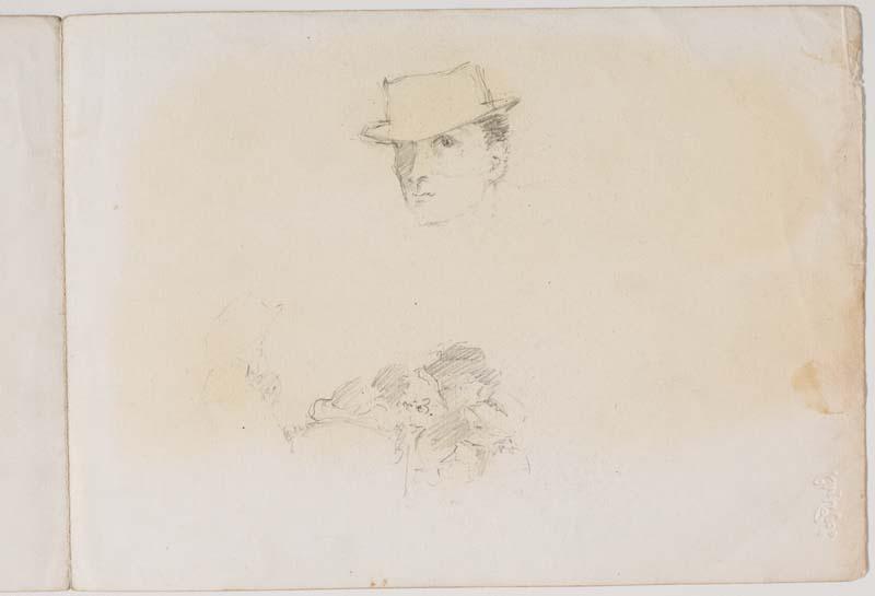 Artwork Man in a hat; Woman feeding a child this artwork made of Pencil on paper, created in 1910-01-01