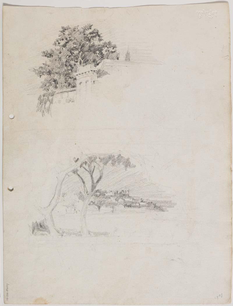 Artwork Cowlishaw's view of Hamilton through trees; Trees at Convent gates this artwork made of Pencil on paper, created in 1916-01-01