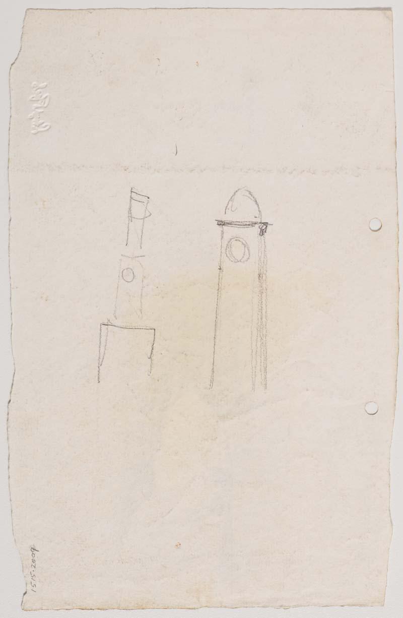 Artwork Two towers this artwork made of Pencil on paper, created in 1915-01-01
