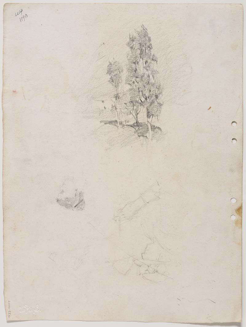 Artwork Feathery gums at Indooroopilly; [upside down] A girl's head; [upside down] Sketch of woman in a hat this artwork made of Pencil on paper, created in 1915-01-01
