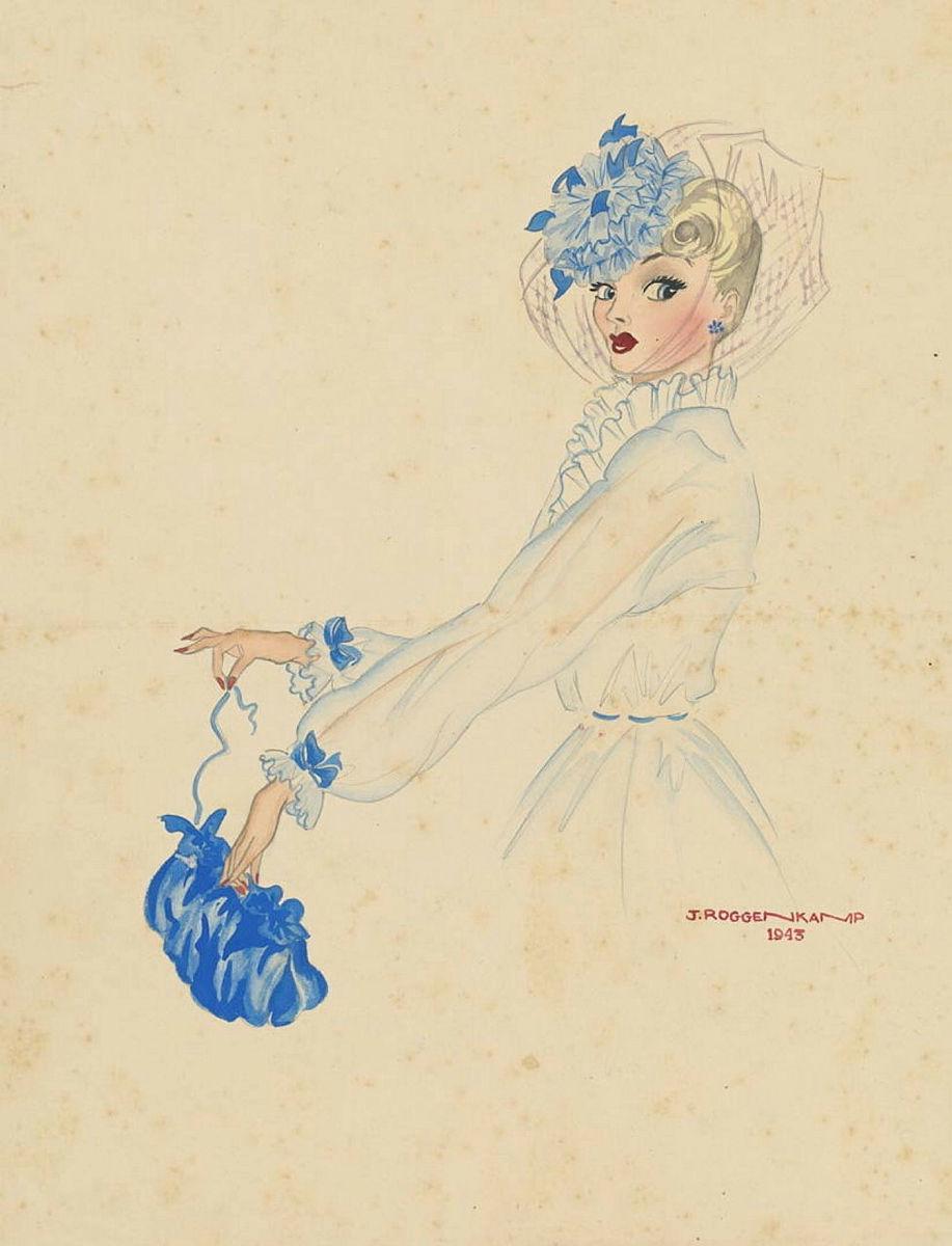 Artwork Model with hat and purse (blue) this artwork made of Watercolour on paper, created in 1943-01-01