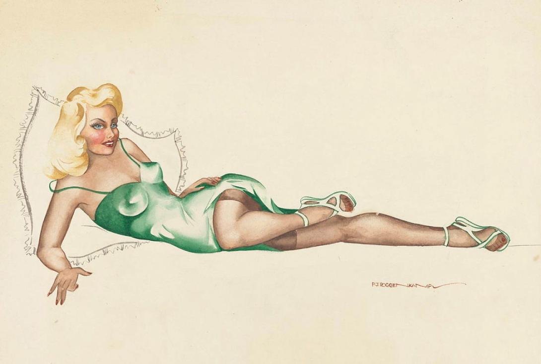Artwork Pin-up girl in green this artwork made of Watercolour on paper, created in 1940-01-01