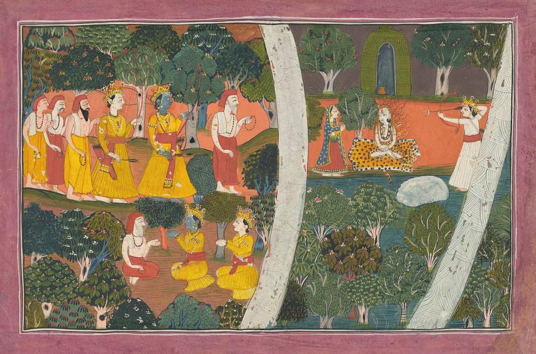 Artwork The sage tells Rama and Laksmana of Kama’s attempt to distract Siva this artwork made of Opaque watercolour on paper, created in 1795-01-01