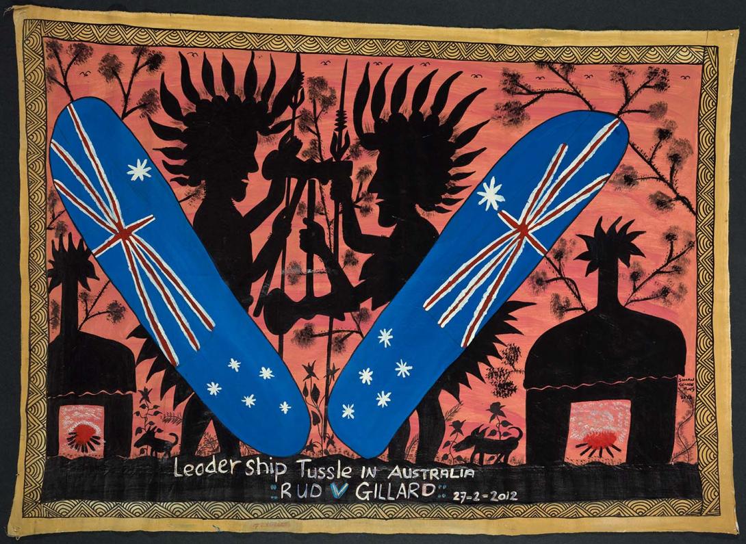Artwork Leadership tussle in Australia: Rudd v Gillard this artwork made of Synthetic polymer paint on cloth, created in 2012-01-01