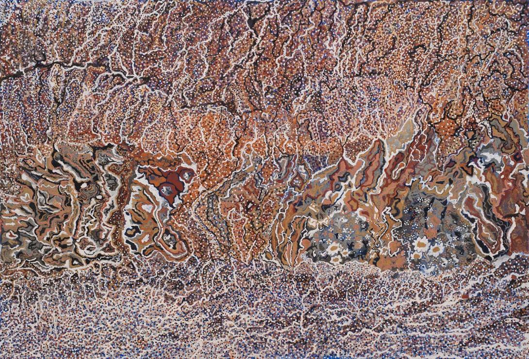 A painting made in natural pigments depicting abstract waterways.