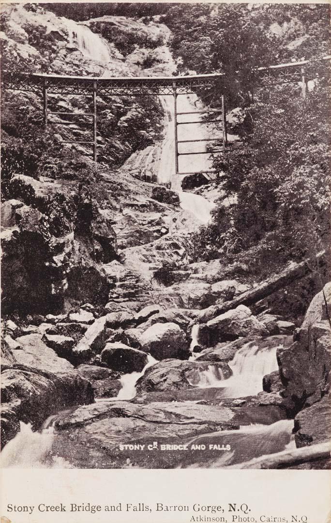 Artwork Stony Creek Bridge and Falls, Barron Gorge, N.Q. this artwork made of Postcard: Black-and-white photograph, created in 1895-01-01