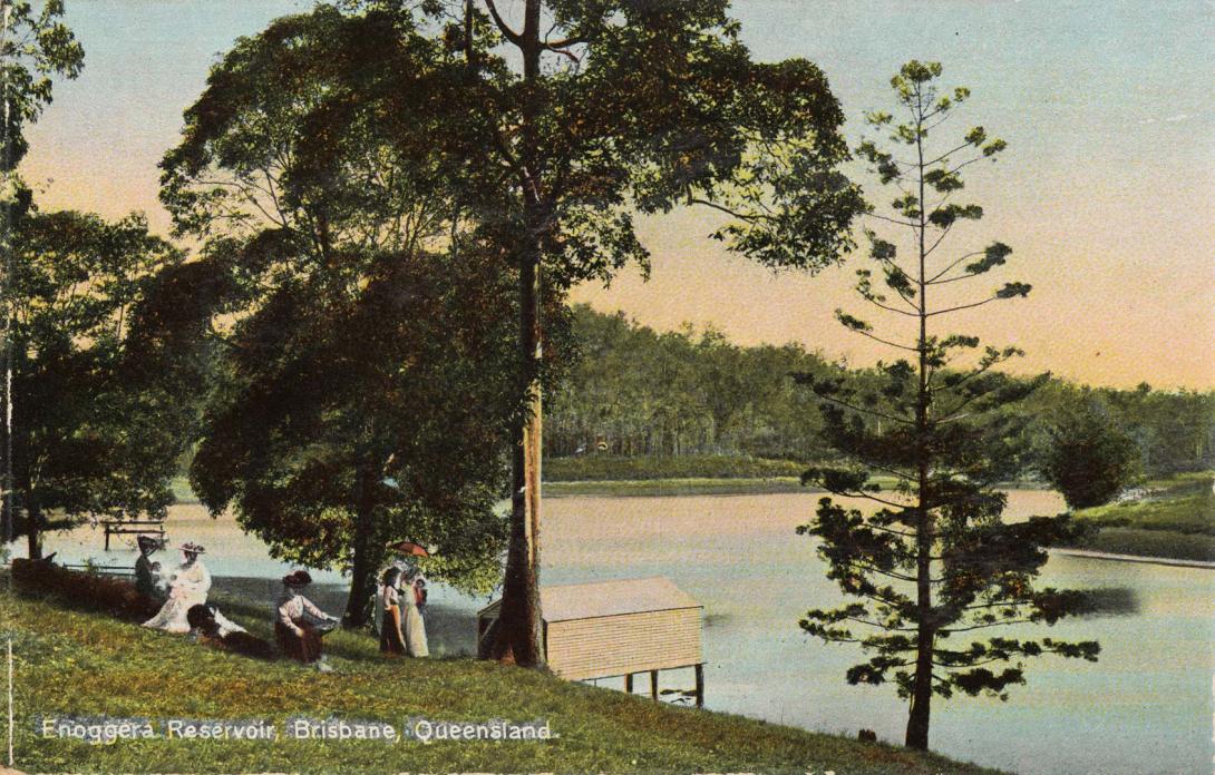 Artwork Enoggera Reservoir, Brisbane, Queensland (from 'Coloured Shell Series: Queensland Views') this artwork made of Postcard: Coloured lithograph on paper, created in 1905-01-01