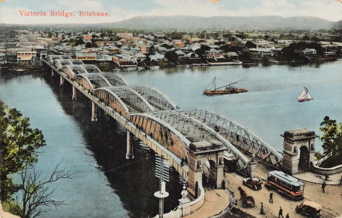Artwork Victoria Bridge, Brisbane (from 'White Series') this artwork made of Postcard: Coloured lithograph on paper, created in 1900-01-01