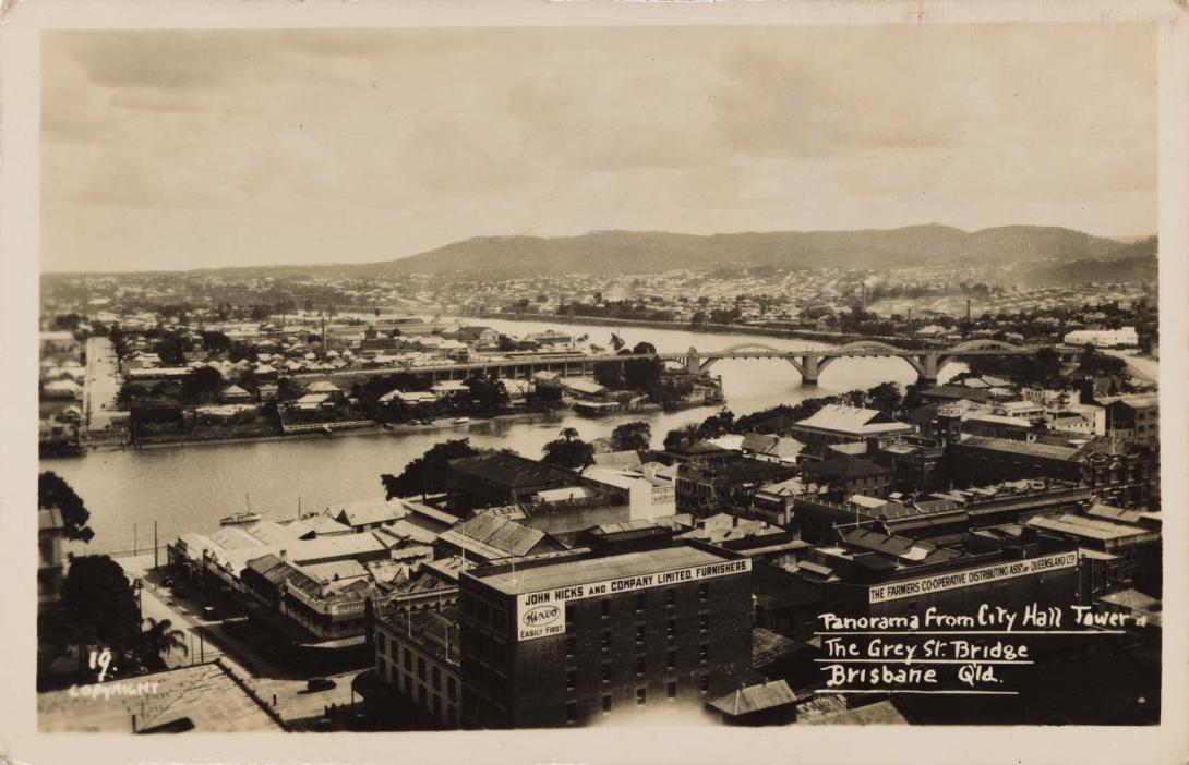 Artwork Panorama from City Hall Tower of the Grey Street Bridge, Brisbane, Qld (from 'Mowbray Series: Scenic and Historic Views') this artwork made of Postcard: Colour lithograph on paper, created in 1930-01-01