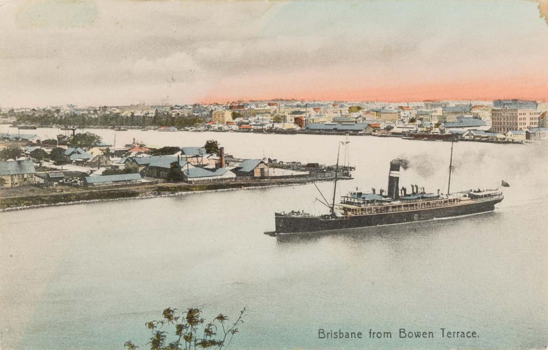 Artwork Brisbane from Bowen Terrace (from 'EDCO Series') this artwork made of Postcard: Colourised photograph on paper, created in 1900-01-01