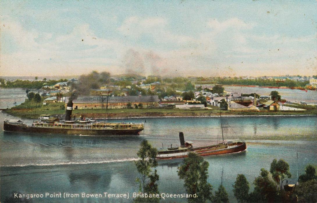 Artwork Kangaroo Point (from Bowen Terrace), Brisbane, Queensland (from 'Coloured Shell Series: Queensland Views') this artwork made of Postcard: Colour lithograph on paper, created in 1905-01-01