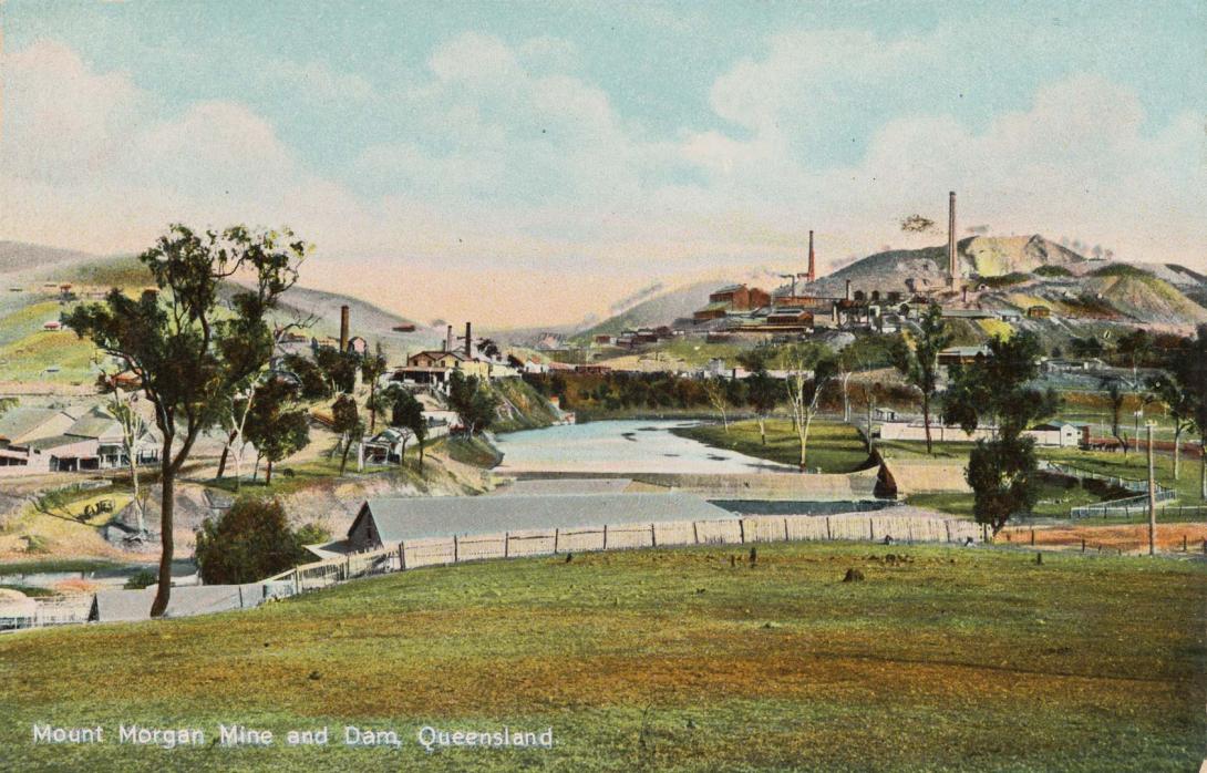Artwork Mount Morgan Mine and Dam, Queensland (from 'Coloured Shell Series: Queensland Views') this artwork made of Postcard: Colour lithograph on paper, created in 1905-01-01