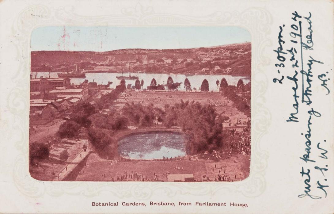 Artwork Botanical Gardens, Brisbane, from Parliament House this artwork made of Postcard: Tinted print on paper, created in 1895-01-01