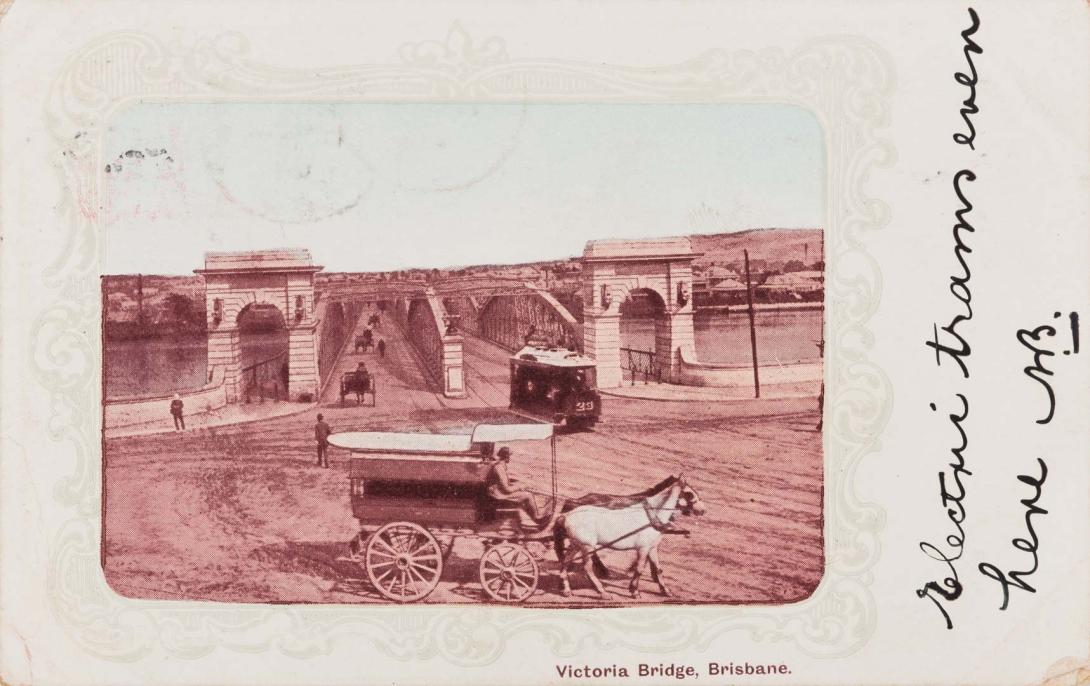 Artwork Victoria Bridge, Brisbane this artwork made of Postcard: Tinted print on paper, created in 1895-01-01