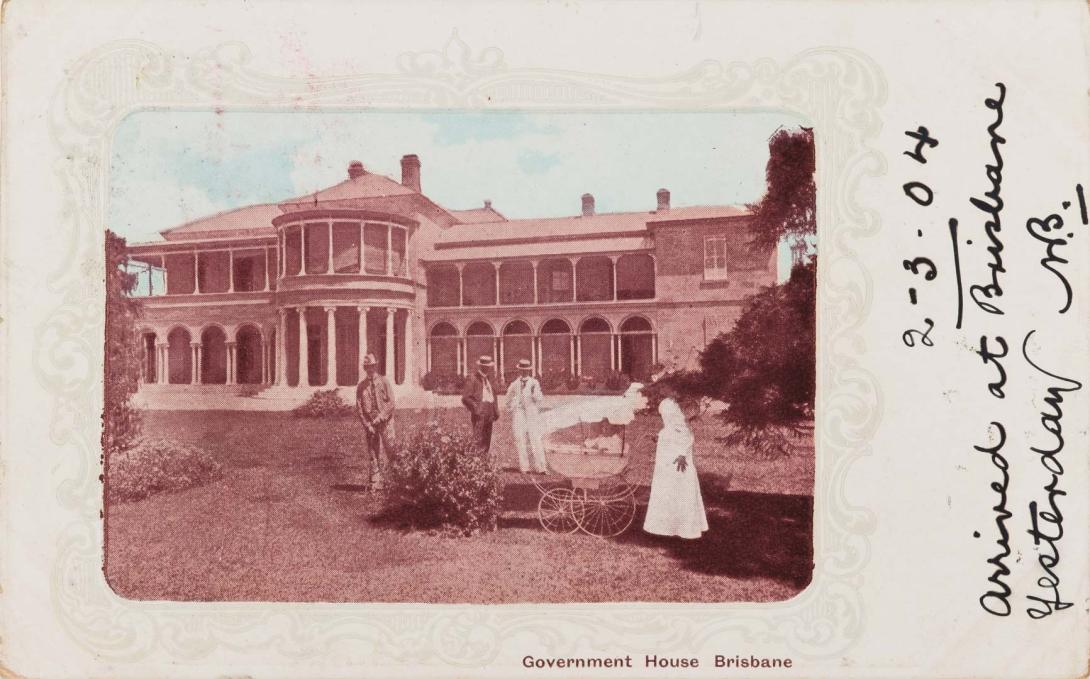 Artwork Government House, Brisbane this artwork made of Postcard: Tinted print on paper, created in 1895-01-01
