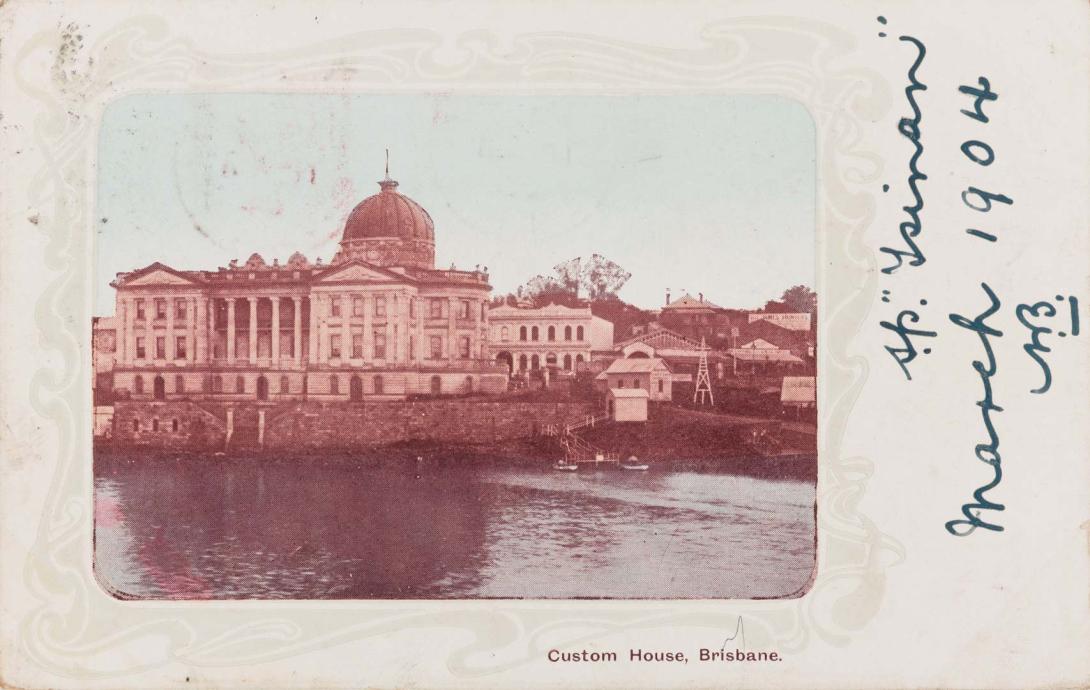 Artwork Custom House, Brisbane this artwork made of Postcard: Tinted print on paper, created in 1895-01-01