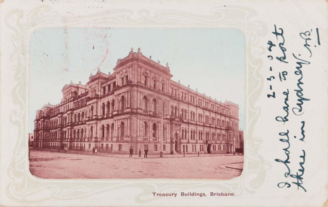Artwork Treasury Buildings, Brisbane this artwork made of Postcard: Tinted print on paper, created in 1895-01-01