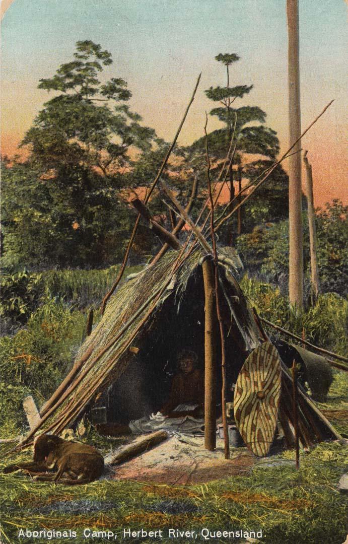 Artwork Aboriginals' camp, Herbert River, Queensland (from 'Coloured Shell Series: Queensland Views') this artwork made of Postcard: Colour lithograph on paper, created in 1920-01-01