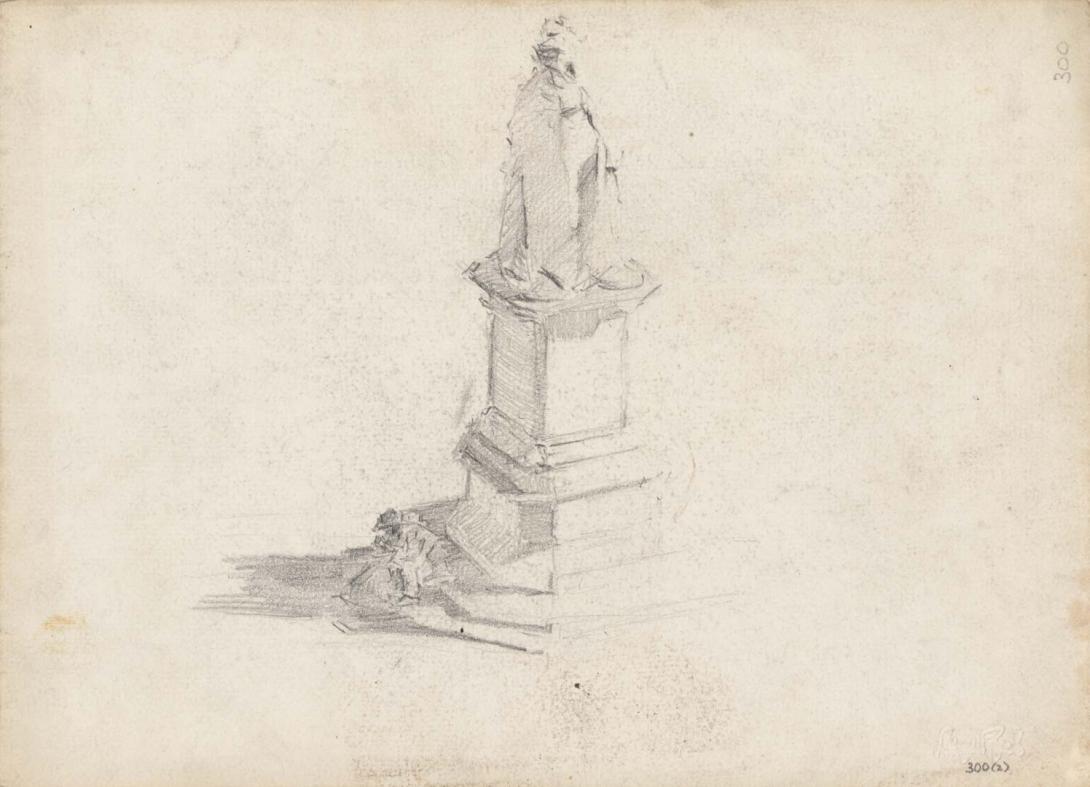 Artwork Looking down on the statue of Queen Victoria this artwork made of Pencil on folded sketch paper, created in 1914-01-01