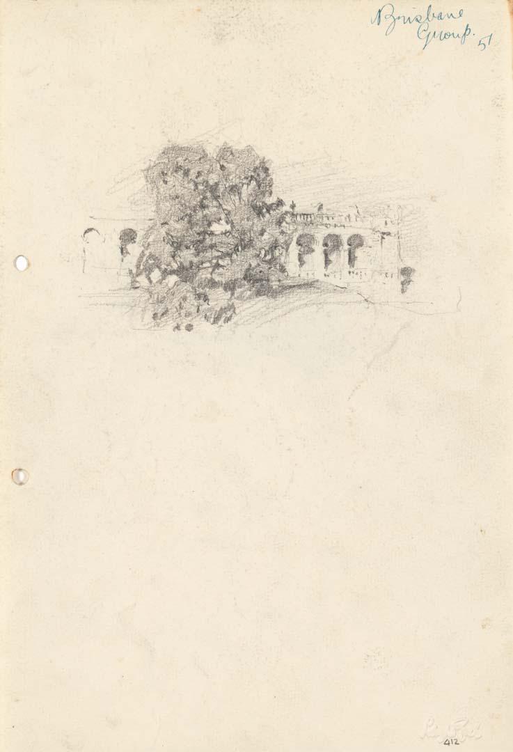 Artwork Imaginative drawing of tree with building supposedly Water and Sewerage Offices this artwork made of Pencil on sketch paper, created in 1914-01-01